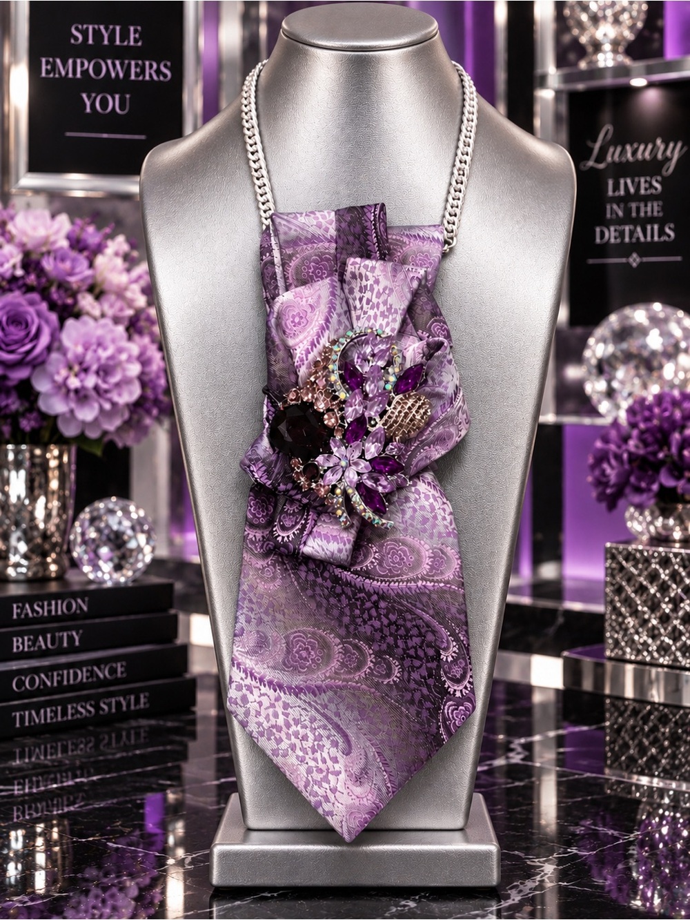 One of a Kind Handcrafted Purple 100% Silk Tie Necklace Wearable Art NWOT